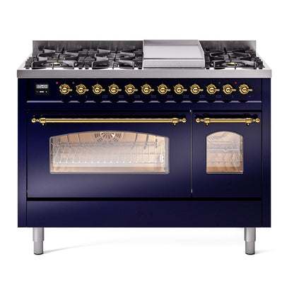 ILVE Nostalgie II 48-Inch Dual Fuel Range with 8 Sealed Burners + Griddle, 5.02 cu. ft. Oven, Midnight Blue with Brass Trim, Liquid Propane, Triple Glass Door, UP48FNMPMBGLP