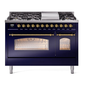 ILVE Nostalgie II 48-Inch Dual Fuel Range with 8 Sealed Burners + Griddle, 5.02 cu. ft. Oven, Midnight Blue with Brass Trim, Natural Gas, Triple Glass Door, UP48FNMPMBG