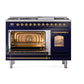ILVE Nostalgie II 48-Inch Dual Fuel Range with 8 Sealed Burners + Griddle, 5.02 cu. ft. Oven, Midnight Blue with Brass Trim, Natural Gas, Triple Glass Door, UP48FNMPMBG