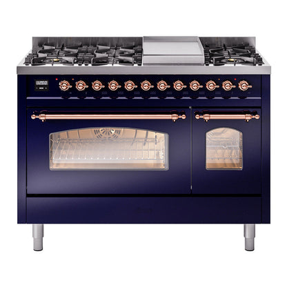 ILVE Nostalgie II 48-Inch Dual Fuel Range with 8 Sealed Burners + Griddle, 5.02 cu. ft. Oven, Midnight Blue with Copper Trim, Liquid Propane, Triple Glass Door, UP48FNMPMBPLP