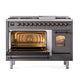 ILVE Nostalgie II 48-Inch Dual Fuel Range with 8 Sealed Burners + Griddle, 5.02 cu. ft. Oven, Graphite Matte with Burnished Trim, Liquid Propane, Triple Glass Door, UP48FNMPMGBLP