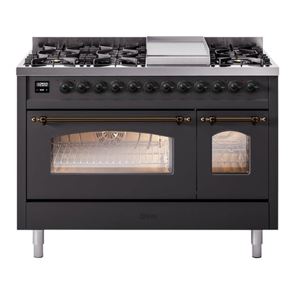 ILVE Nostalgie II 48-Inch Dual Fuel Range with 8 Sealed Burners + Griddle, 5.02 cu. ft. Oven, Graphite Matte with Burnished Trim, Liquid Propane, Triple Glass Door, UP48FNMPMGBLP