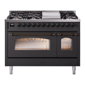 ILVE Nostalgie II 48-Inch Dual Fuel Range with 8 Sealed Burners + Griddle, 5.02 cu. ft. Oven, Graphite Matte with Burnished Trim, Natural Gas, Triple Glass Door, UP48FNMPMGB