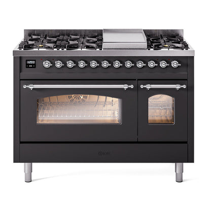 ILVE Nostalgie II 48-Inch Dual Fuel Range with 8 Sealed Burners + Griddle, 5.02 cu. ft. Oven, Graphite Matte with Chrome Trim, Liquid Propane, Triple Glass Door, UP48FNMPMGCLP
