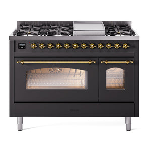 ILVE Nostalgie II 48-Inch Dual Fuel Range with 8 Sealed Burners + Griddle, 5.02 cu. ft. Oven, Graphite Matte with Brass Trim, Liquid Propane, Triple Glass Door, UP48FNMPMGGLP