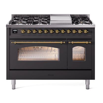 ILVE Nostalgie II 48-Inch Dual Fuel Range with 8 Sealed Burners + Griddle, 5.02 cu. ft. Oven, Graphite Matte with Brass Trim, Liquid Propane, Triple Glass Door, UP48FNMPMGGLP