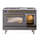 ILVE Nostalgie II 48-Inch Dual Fuel Range with 8 Sealed Burners + Griddle, 5.02 cu. ft. Oven, Graphite Matte with Brass Trim, Liquid Propane, Triple Glass Door, UP48FNMPMGGLP