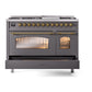 ILVE Nostalgie II 48-Inch Dual Fuel Range with 8 Sealed Burners + Griddle, 5.02 cu. ft. Oven, Graphite Matte with Brass Trim, Liquid Propane, Triple Glass Door, UP48FNMPMGGLP