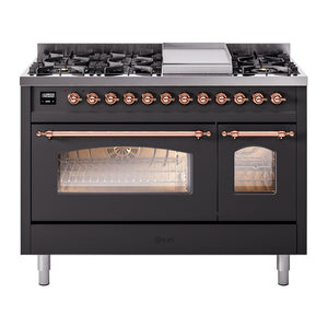 ILVE Nostalgie II 48-Inch Dual Fuel Range with 8 Sealed Burners + Griddle, 5.02 cu. ft. Oven, Graphite Matte with Copper Trim, Liquid Propane, Triple Glass Door, UP48FNMPMGPLP