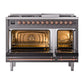 ILVE Nostalgie II 48-Inch Dual Fuel Range with 8 Sealed Burners + Griddle, 5.02 cu. ft. Oven, Graphite Matte with Copper Trim, Liquid Propane, Triple Glass Door, UP48FNMPMGPLP