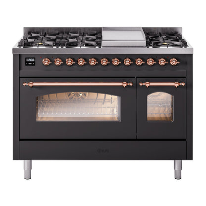 ILVE Nostalgie II 48-Inch Dual Fuel Range with 8 Sealed Burners + Griddle, 5.02 cu. ft. Oven, Graphite Matte with Copper Trim, Natural Gas, Triple Glass Door, UP48FNMPMGP