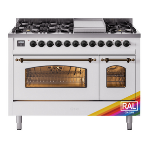 ILVE Nostalgie II 48-Inch Dual Fuel Range with 8 Sealed Burners + Griddle, 5.02 cu. ft. Oven, RAL with Burnished Trim, Liquid Propane, Triple Glass Door, UP48FNMPRABLP