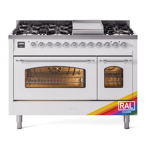ILVE Nostalgie II 48-Inch Dual Fuel Range with 8 Sealed Burners + Griddle, 5.02 cu. ft. Oven, RAL with Chrome Trim, Liquid Propane, Triple Glass Door, UP48FNMPRACLP