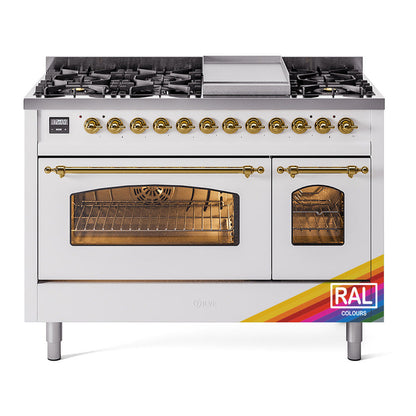 ILVE Nostalgie II 48-Inch Dual Fuel Range with 8 Sealed Burners + Griddle, 5.02 cu. ft. Oven, RAL with Brass Trim, Natural Gas, Triple Glass Door, UP48FNMPRAG