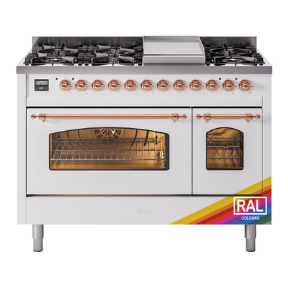 ILVE Nostalgie II 48-Inch Dual Fuel Range with 8 Sealed Burners + Griddle, 5.02 cu. ft. Oven, RAL with Copper Trim, Liquid Propane, Triple Glass Door, UP48FNMPRAPLP