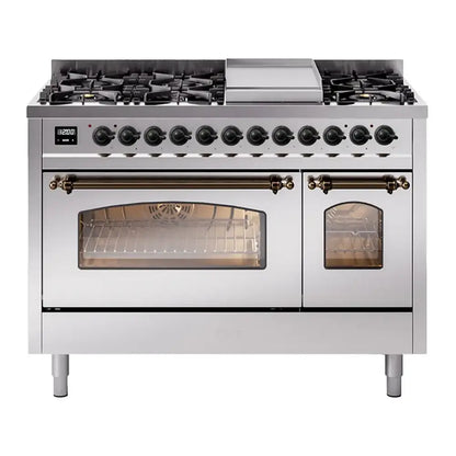 ILVE Nostalgie II 48-Inch Dual Fuel Range with 8 Sealed Burners + Griddle, 5.02 cu. ft. Oven, Stainless Steel with Burnished Trim, Liquid Propane, Triple Glass Door, UP48FNMPSSBLP