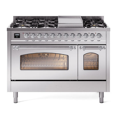 ILVE Nostalgie II 48-Inch Dual Fuel Range with 8 Sealed Burners + Griddle, 5.02 cu. ft. Oven, Stainless Steel with Chrome Trim, Liquid Propane, Triple Glass Door, UP48FNMPSSCLP