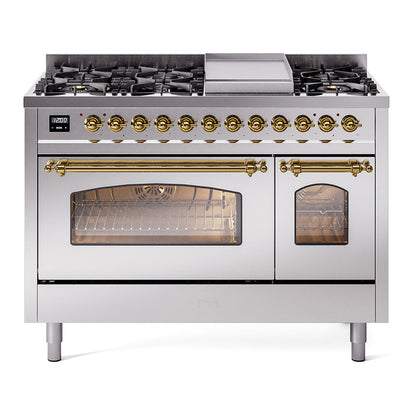 ILVE Nostalgie II 48-Inch Dual Fuel Range with 8 Sealed Burners + Griddle, 5.02 cu. ft. Oven, Stainless Steel with Brass Trim, Liquid Propane, Triple Glass Door, UP48FNMPSSGLP