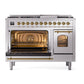 ILVE Nostalgie II 48-Inch Dual Fuel Range with 8 Sealed Burners + Griddle, 5.02 cu. ft. Oven, Stainless Steel with Brass Trim, Liquid Propane, Triple Glass Door, UP48FNMPSSGLP
