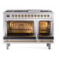 ILVE Nostalgie II 48-Inch Dual Fuel Range with 8 Sealed Burners + Griddle, 5.02 cu. ft. Oven, Stainless Steel with Brass Trim, Natural Gas, Triple Glass Door, UP48FNMPSSG