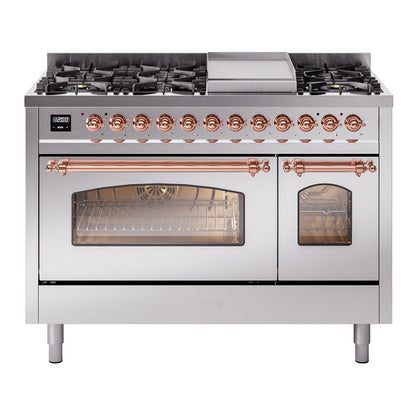 ILVE Nostalgie II 48-Inch Dual Fuel Range with 8 Sealed Burners + Griddle, 5.02 cu. ft. Oven, Stainless Steel with Copper Trim, Natural Gas, Triple Glass Door, UP48FNMPSSP