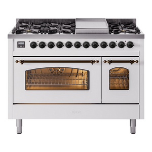 ILVE Nostalgie II 48-Inch Dual Fuel Range with 8 Sealed Burners + Griddle, 5.02 cu. ft. Oven, White with Burnished Trim, Natural Gas, Triple Glass Door, UP48FNMPWHB