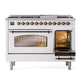 ILVE Nostalgie II 48-Inch Dual Fuel Range with 8 Sealed Burners + Griddle, 5.02 cu. ft. Oven, White with Burnished Trim, Natural Gas, Triple Glass Door, UP48FNMPWHB