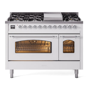 ILVE Nostalgie II 48-Inch Dual Fuel Range with 8 Sealed Burners + Griddle, 5.02 cu. ft. Oven, White with Chrome Trim, Liquid Propane, Triple Glass Door, UP48FNMPWHCLP