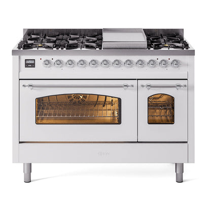 ILVE Nostalgie II 48-Inch Dual Fuel Range with 8 Sealed Burners + Griddle, 5.02 cu. ft. Oven, White with Chrome Trim, Natural Gas, Triple Glass Door, UP48FNMPWHC