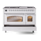 ILVE Nostalgie II 48-Inch Dual Fuel Range with 8 Sealed Burners + Griddle, 5.02 cu. ft. Oven, White with Chrome Trim, Natural Gas, Triple Glass Door, UP48FNMPWHC