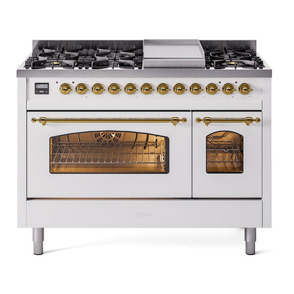 ILVE Nostalgie II 48-Inch Dual Fuel Range with 8 Sealed Burners + Griddle, 5.02 cu. ft. Oven, White with Brass Trim, Liquid Propane, Triple Glass Door, UP48FNMPWHGLP