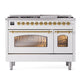 ILVE Nostalgie II 48-Inch Dual Fuel Range with 8 Sealed Burners + Griddle, 5.02 cu. ft. Oven, White with Brass Trim, Liquid Propane, Triple Glass Door, UP48FNMPWHGLP