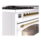 ILVE Nostalgie II 48-Inch Dual Fuel Range with 8 Sealed Burners + Griddle, 5.02 cu. ft. Oven, White with Brass Trim, Liquid Propane, Triple Glass Door, UP48FNMPWHGLP