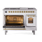 ILVE Nostalgie II 48-Inch Dual Fuel Range with 8 Sealed Burners + Griddle, 5.02 cu. ft. Oven, White with Brass Trim, Natural Gas, Triple Glass Door, UP48FNMPWHG