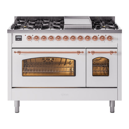 ILVE Nostalgie II 48-Inch Dual Fuel Range with 8 Sealed Burners + Griddle, 5.02 cu. ft. Oven, White with Copper Trim, Liquid Propane, Triple Glass Door, UP48FNMPWHPLP