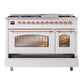 ILVE Nostalgie II 48-Inch Dual Fuel Range with 8 Sealed Burners + Griddle, 5.02 cu. ft. Oven, White with Copper Trim, Liquid Propane, Triple Glass Door, UP48FNMPWHPLP
