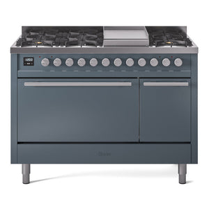 ILVE Professional Plus II 48-Inch Dual Fuel Range with 8 Sealed Burners + Griddle, 5.02 cu. ft. Oven, Blue Grey, Liquid Propane, Solid Door, UP48FQMPBGLP