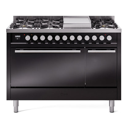 ILVE Professional Plus II 48-Inch Dual Fuel Range with 8 Sealed Burners + Griddle, 5.02 cu. ft. Oven, Glossy Black, Liquid Propane, Solid Door, UP48FQMPBKLP