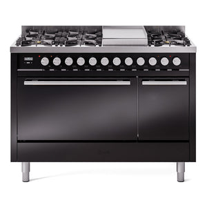 ILVE Professional Plus II 48-Inch Dual Fuel Range with 8 Sealed Burners + Griddle, 5.02 cu. ft. Oven, Glossy Black, Natural Gas, Solid Door, UP48FQMPBK