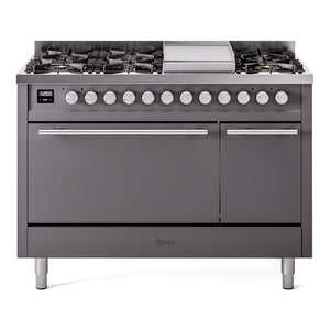 ILVE Professional Plus II 48-Inch Dual Fuel Range with 8 Sealed Burners + Griddle, 5.02 cu. ft. Oven, Graphite Matte, Liquid Propane, Solid Door, UP48FQMPMGLP