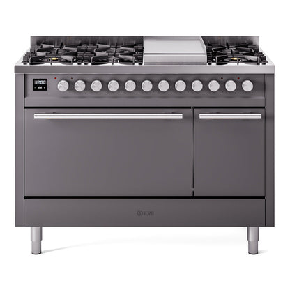 ILVE Professional Plus II 48-Inch Dual Fuel Range with 8 Sealed Burners + Griddle, 5.02 cu. ft. Oven, Graphite Matte, Natural Gas, Solid Door, UP48FQMPMG