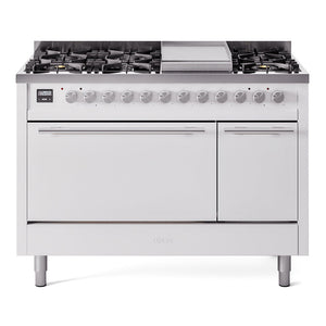 ILVE Professional Plus II 48-Inch Dual Fuel Range with 8 Sealed Burners + Griddle, 5.02 cu. ft. Oven, White, Liquid Propane, Solid Door, UP48FQMPWHLP
