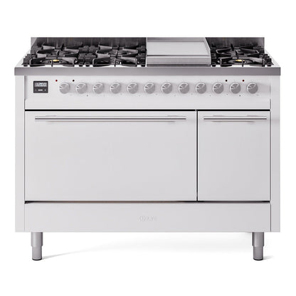 ILVE Professional Plus II 48-Inch Dual Fuel Range with 8 Sealed Burners + Griddle, 5.02 cu. ft. Oven, White, Liquid Propane, Solid Door, UP48FQMPWHLP