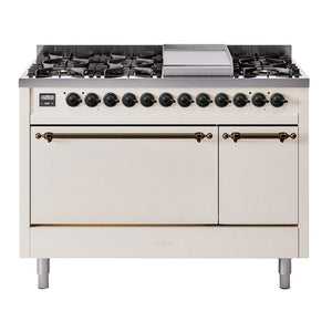 ILVE Nostalgie II 48-Inch Dual Fuel Range with 8 Sealed Burners + Griddle, 5.02 cu. ft. Oven, Antique White with Burnished Trim, Natural Gas, Solid Door, UP48FQNMPAWB
