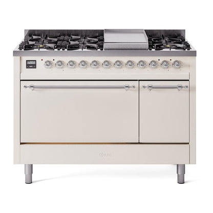 ILVE Nostalgie II 48-Inch Dual Fuel Range with 8 Sealed Burners + Griddle, 5.02 cu. ft. Oven, Antique White with Chrome Trim, Liquid Propane, Solid Door, UP48FQNMPAWCLP