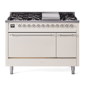 ILVE Nostalgie II 48-Inch Dual Fuel Range with 8 Sealed Burners + Griddle, 5.02 cu. ft. Oven, Antique White with Chrome Trim, Natural Gas, Solid Door, UP48FQNMPAWC