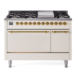 ILVE Nostalgie II 48-Inch Dual Fuel Range with 8 Sealed Burners + Griddle, 5.02 cu. ft. Oven, Antique White with Brass Trim, Liquid Propane, Solid Door, UP48FQNMPAWGLP