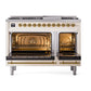 ILVE Nostalgie II 48-Inch Dual Fuel Range with 8 Sealed Burners + Griddle, 5.02 cu. ft. Oven, Antique White with Brass Trim, Natural Gas, Solid Door, UP48FQNMPAWG