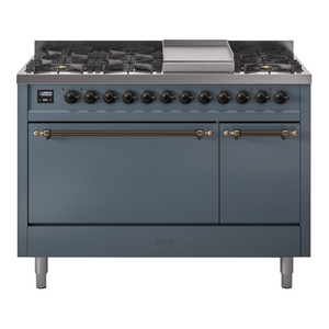 ILVE Nostalgie II 48-Inch Dual Fuel Range with 8 Sealed Burners + Griddle, 5.02 cu. ft. Oven, Blue Grey with Burnished Trim, Liquid Propane, Solid Door, UP48FQNMPBGBLP