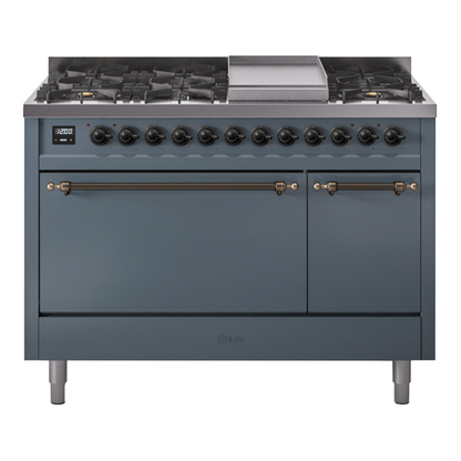 ILVE Nostalgie II 48-Inch Dual Fuel Range with 8 Sealed Burners + Griddle, 5.02 cu. ft. Oven, Blue Grey with Burnished Trim, Natural Gas, Solid Door, UP48FQNMPBGB